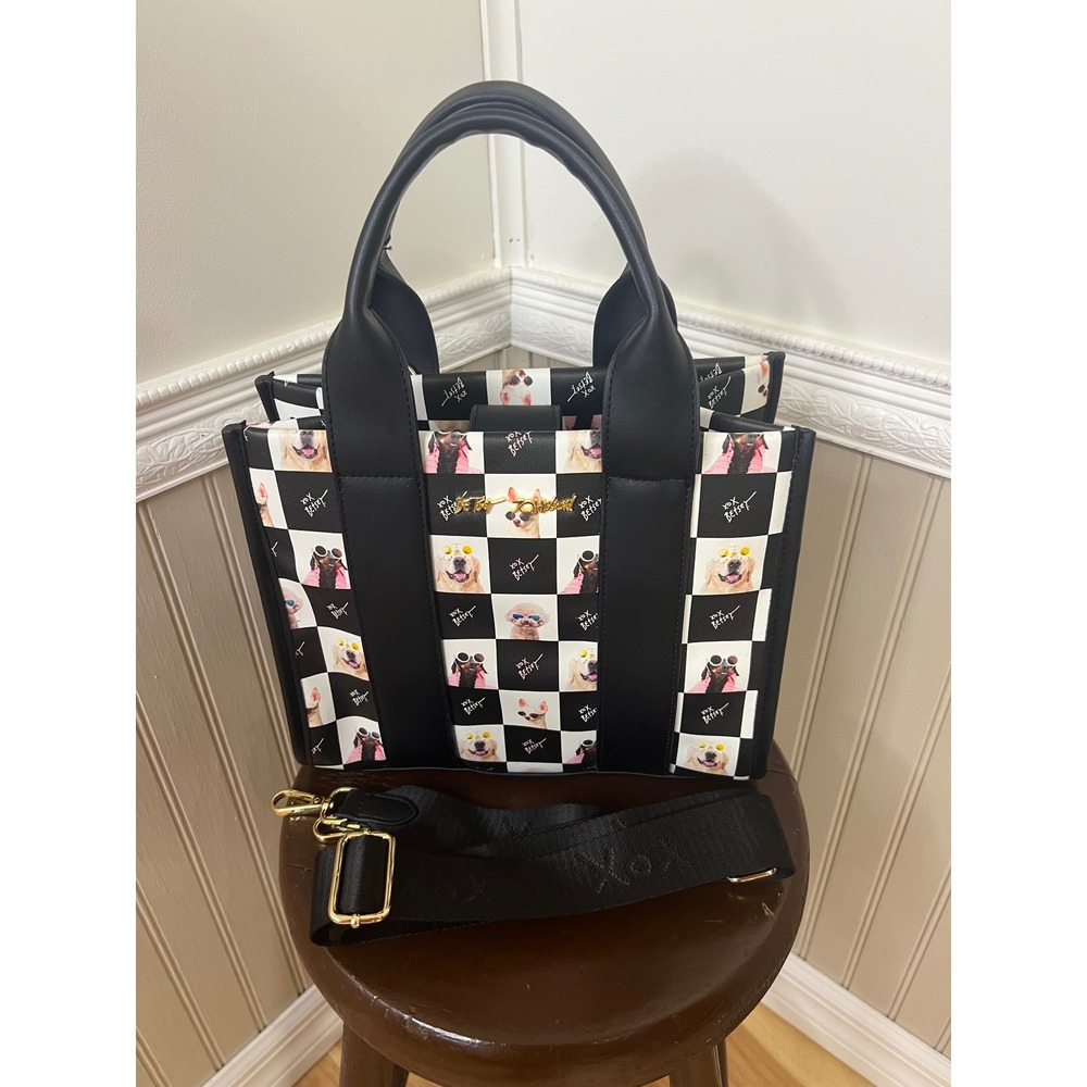 Betsey Johnson Dog Checkered Tote Bag Black White Crossbody Handbag